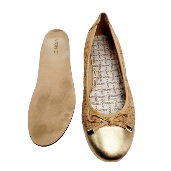 Vionic Minna Leather Gold Toe Cork Slip On Ballet Flats Shoes Size 10 - Picture 10 of 14